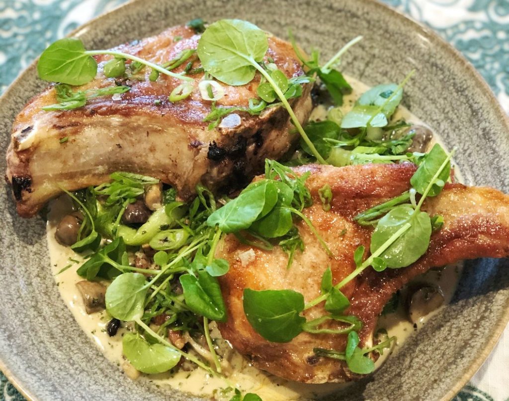 Angèle Restaurant and Bar Roasted Bone in Pork Chops with Mushroom