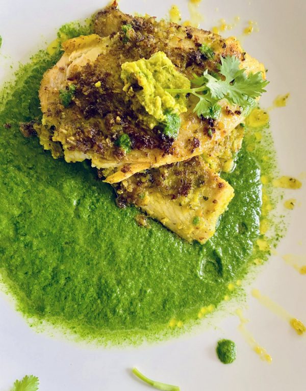 chaiwali coconut turmeric crusted fish with spinach chili curry