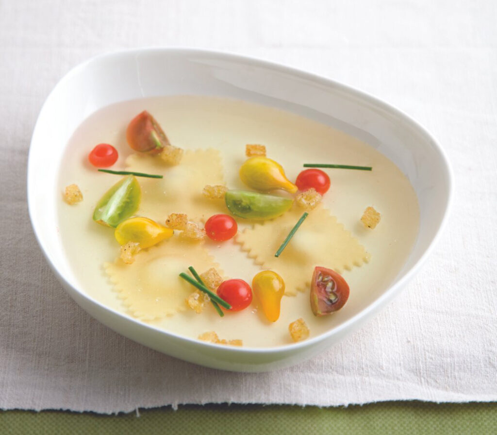 Rioja Heirloom Tomato Consommé, Goat Cheese Ravioli Story Plate Recipes