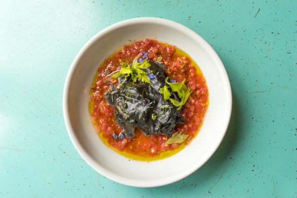 Glasserie – Charred Eggplant, Charcoal Black Tahini, Kashkaval Ribbon & Fresh Tomato Salsa